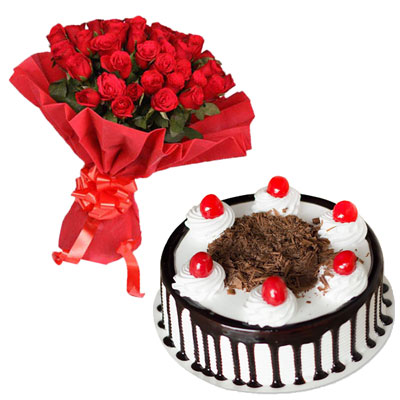 "Round shape chocolate cake - half kg + 20 red roses flower bunch - Click here to View more details about this Product