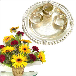 "Silver Pooja thali with flowers - Click here to View more details about this Product