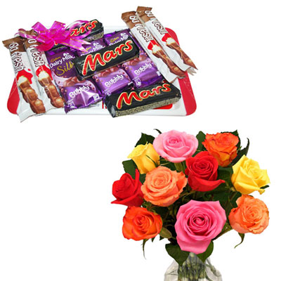 "Choco Thali, 12 Mixed Roses - Click here to View more details about this Product