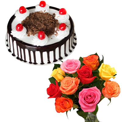 "Round shape chocolate cake - 1kg + 12 mixed roses flower bunch - Click here to View more details about this Product